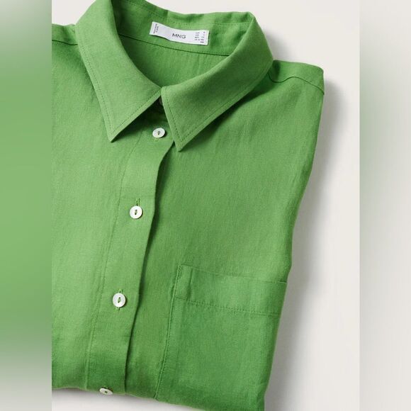 100% Linen Mango Shirt Green - Picture 3 of 9